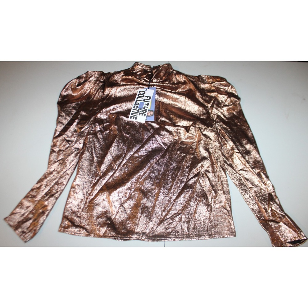 Future Collective Kahlana Barfield Brown Puff Long Sleeve Blouse Sz XXS Copper